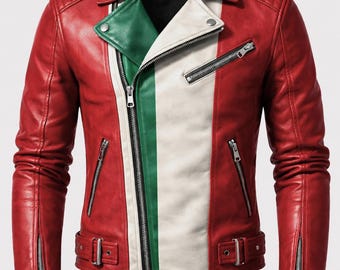 Handgefertigte Bikerjacke aus Leder mit italienischer Flagge, Herren Slim Fit Moto Style