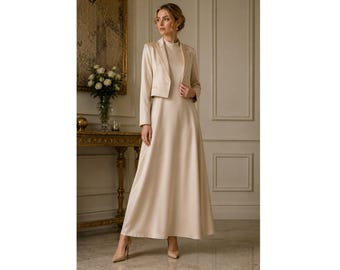 Handgefertigtes Seidenkleid Set mit kurzer Jacke, Seidenmaxikleid, elegantes formelles Kleid, Hochzeitsgast Outfit, Mutter der Braut Kleid