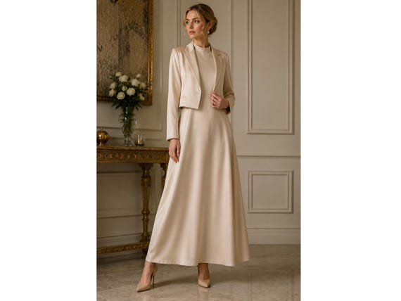 Handmade Silk Modest Dress Set with Cropped Jacket, Silk Maxi Dress, Elegant Formal Dress, Wedding Guest Outfit, Mother of Bride Dress