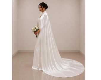 Handgemachte Seide Braut Cape | Minimalistischer Hochzeitsumhang | Ivory Satin Brautschal | Lange Schleppe Hochzeit Cape | Eleganter Seiden-Abend-Wrap