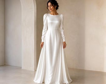 Minimalist Seidenhochzeitskleid | Langarm Brautkleid | Elegantes Elfenbein Brautkleid | Bescheidene Brautkleid | Schlichtes Modernes Brautkleid