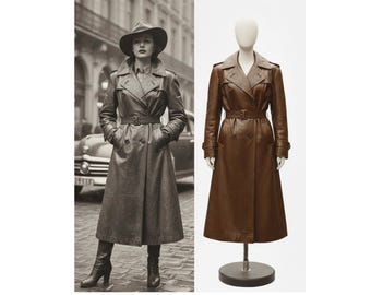 1950er Jahre Inspirierter Leder Trenchcoat - Vintage Stil mit Gürtel