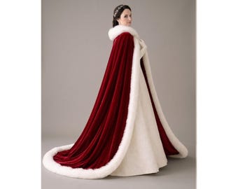 Mantello da donna in velluto di lusso, mantello con bordo in pelliccia di velluto rosso, cappotto invernale regale, mantello per costume medievale rinascimentale, mantello da sera fatto a mano