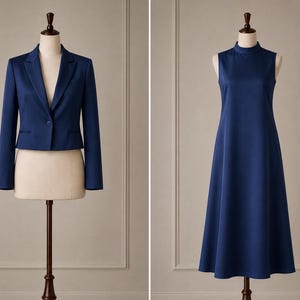 May include: A dark blue cropped blazer with long sleeves, a notched lapel, and a single button closure, displayed alongside a sleeveless, high-neck, ankle-length dark blue dress with a flared skirt, both shown on separate dress forms.