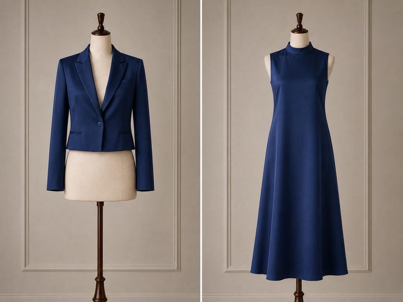 May include: A dark blue cropped blazer with long sleeves, a notched lapel, and a single button closure, displayed alongside a sleeveless, high-neck, ankle-length dark blue dress with a flared skirt, both shown on separate dress forms.