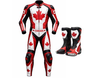 Kanada-Flaggen-lederner Motorradanzug der Männer, handgemachte Bikerjacke und -hose, Rennausrüstung