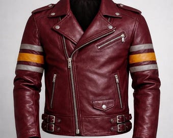 Handgefertigte Bikerjacke aus kastanienbraunem Leder, Slim Fit Moto Coat, Vintage Style Arm Stripes