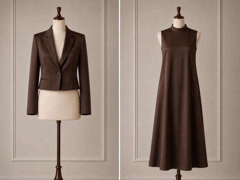 May include: A dark brown cropped blazer with long sleeves, a notched lapel, and a single button closure, displayed alongside a dark brown sleeveless midi dress featuring a high mock neck and a flared, A-line silhouette on a mannequin.