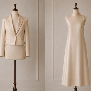 May include: A beige cropped blazer with long sleeves and a single button fastening paired with a matching skirt, alongside a sleeveless beige midi dress featuring a high mock neck collar, both displayed on separate dress forms.