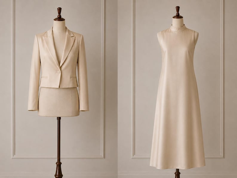 May include: A beige cropped blazer with long sleeves and a single button fastening paired with a matching skirt, alongside a sleeveless beige midi dress featuring a high mock neck collar, both displayed on separate dress forms.