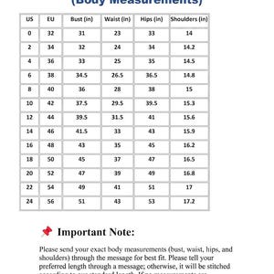 May include: A US and EU size chart table for body measurements including bust, waist, hips, and shoulders in inches. The chart lists sizes from 0 to 24 and EU equivalents from 32 to 56. Below the table is an important note regarding custom measurements.