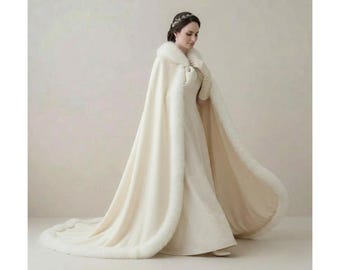 Handgefertigter Brautumhang aus Wolle, Winterhochzeitsumhang mit Kunstpelzkragen, langer elfenbeinfarbener Brautmantel, eleganter Brautstola, Hochzeitsmantel für kalte Tage