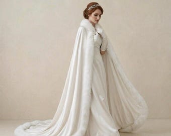 Luxuriöser Brautumhang, Seidenhochzeitsumhang mit Kunstpelzbesatz, Winterbrautschal, eleganter elfenbeinfarbener Umhang, Hochzeitsstola mit Kunstpelzbesatz, Überwurf