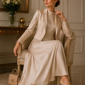 May include: A champagne-coloured satin ensemble consisting of a long-sleeved cropped blazer with a notched lapel and a matching floor-length sleeveless dress with a high neckline. A small structured handbag and pointed-toe heels complete the look.