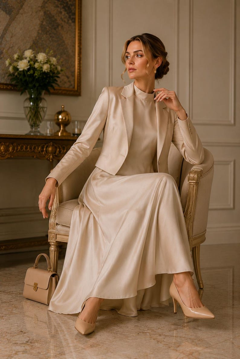 May include: A champagne-coloured satin ensemble consisting of a long-sleeved cropped blazer with a notched lapel and a matching floor-length sleeveless dress with a high neckline. A small structured handbag and pointed-toe heels complete the look.