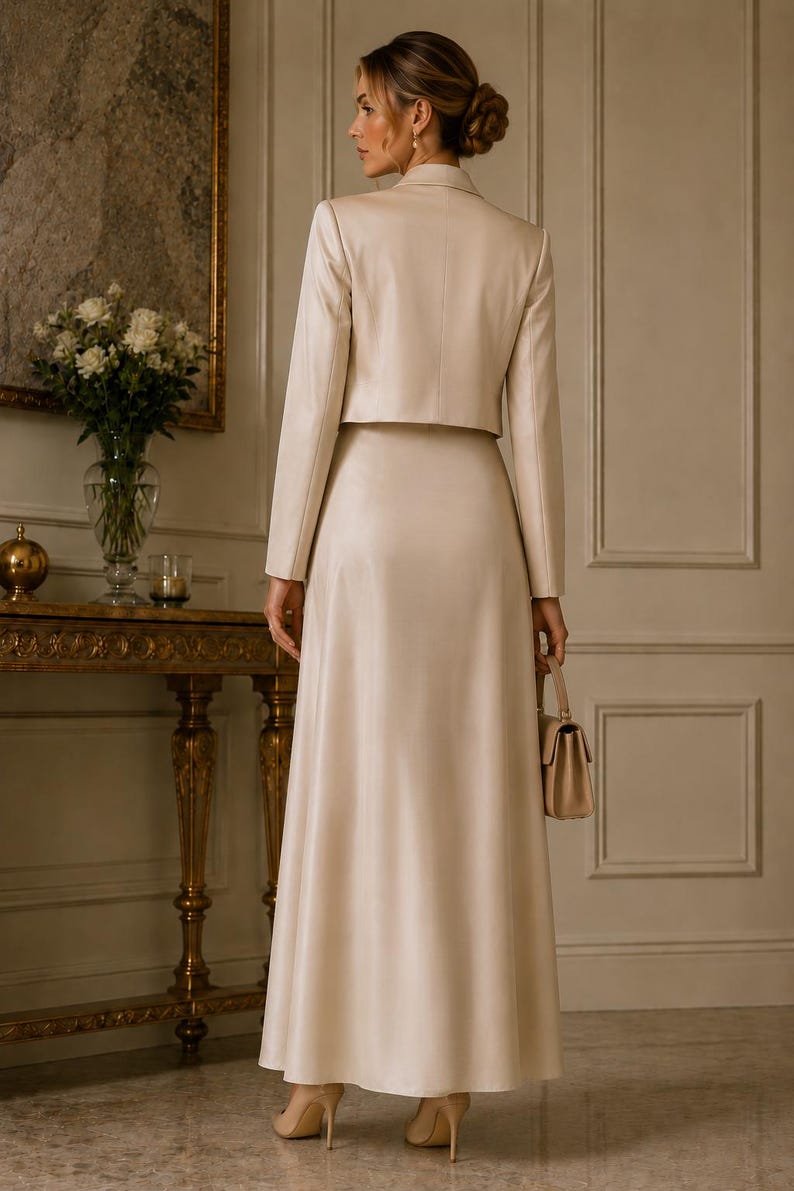 May include: A two-piece set in a light beige colour consisting of a cropped blazer with long sleeves and a matching floor-length maxi skirt. The outfit is paired with a small, structured handbag in a coordinating beige tone and high-heeled shoes.