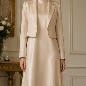 May include: A champagne-coloured satin ensemble consisting of a floor-length sleeveless dress with a high neckline and a matching cropped blazer with long sleeves, a notched lapel, and a single button closure at the front, featuring a smooth finish.