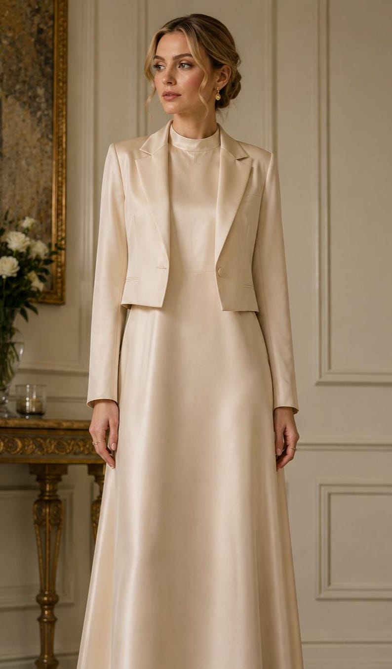 May include: A champagne-coloured satin ensemble consisting of a floor-length sleeveless dress with a high neckline and a matching cropped blazer with long sleeves, a notched lapel, and a single button closure at the front, featuring a smooth finish.