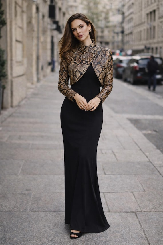 Snake Print Jacket Set, Free Velvet Maxi Dress Women