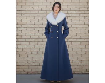 Prinzessin Wollmantel | Kunstpelzkragen, langer Winterkleid-Mantel im königlichen Stil