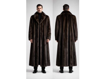 Luxuriöser Herren-Kunstpelzmantel in voller Länge, dunkelbrauner Wintermantel