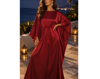 Rotes Seiden-Kaftan-Maxikleid, Luxus-Fledermausflügel Abaya, Modest Resort Wear Kleid