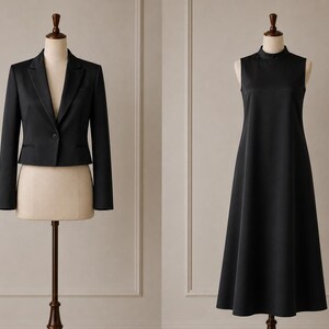May include: A black cropped blazer with long sleeves, a notched lapel, and a single-button closure, displayed alongside a sleeveless black midi dress featuring a high mock neck and a flared A-line skirt, both presented on separate dress forms.