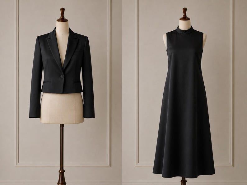 May include: A black cropped blazer with long sleeves, a notched lapel, and a single-button closure, displayed alongside a sleeveless black midi dress featuring a high mock neck and a flared A-line skirt, both presented on separate dress forms.