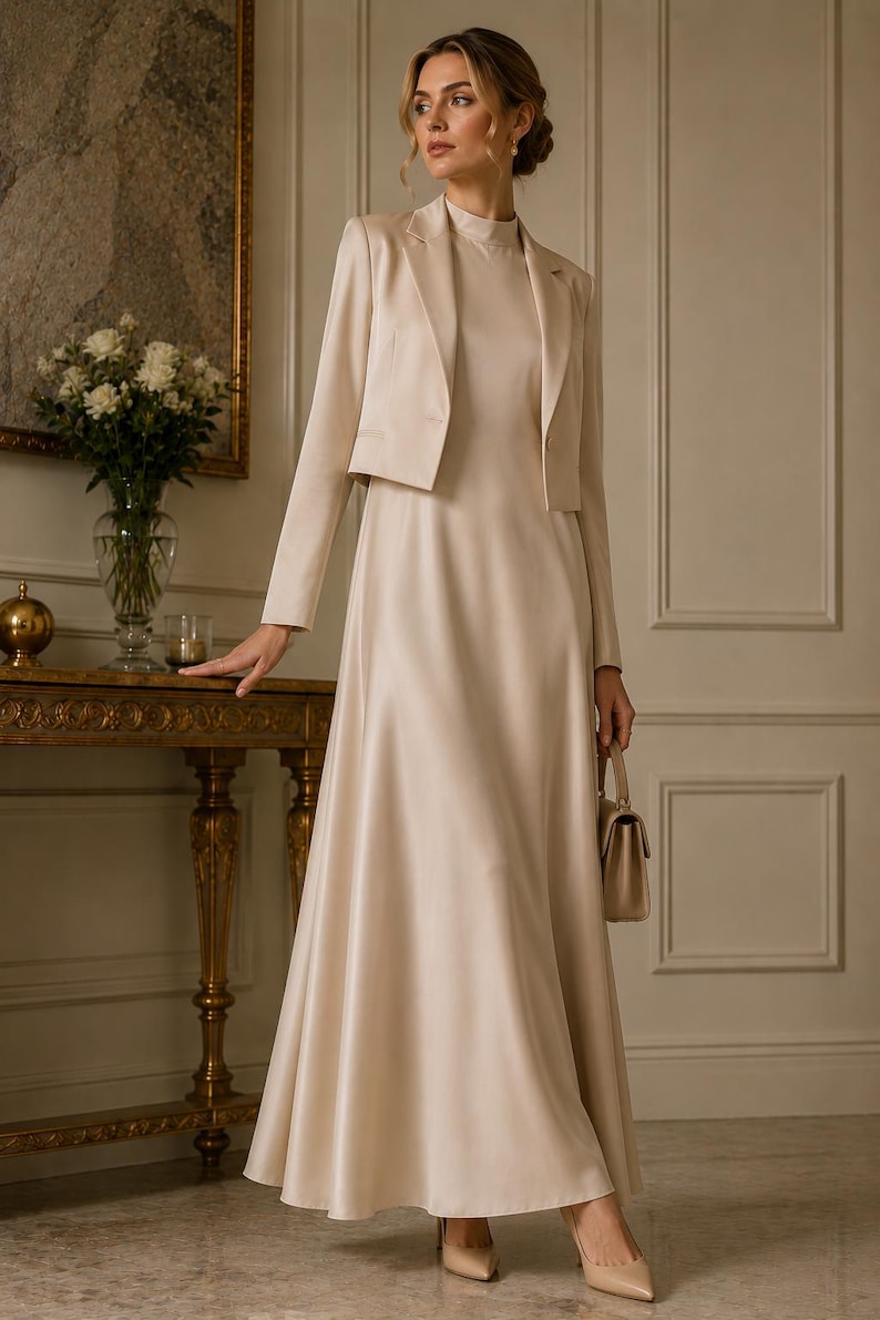May include: A champagne-coloured satin ensemble consisting of a floor-length sleeveless dress with a high neckline and a matching cropped long-sleeve blazer with a notched lapel. The outfit is paired with a small structured handbag and pointed heels.
