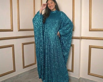 Kundenspezifisches Teal Schimmernder Kaftan Maxi Kleid, Mondlicht Stoff Abaya für Hochzeiten