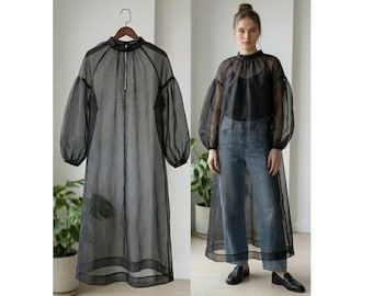Schiere Organza Maxi Kleid, Handgefertigte Avantgarde Puff Ärmel Schichtung Kleid