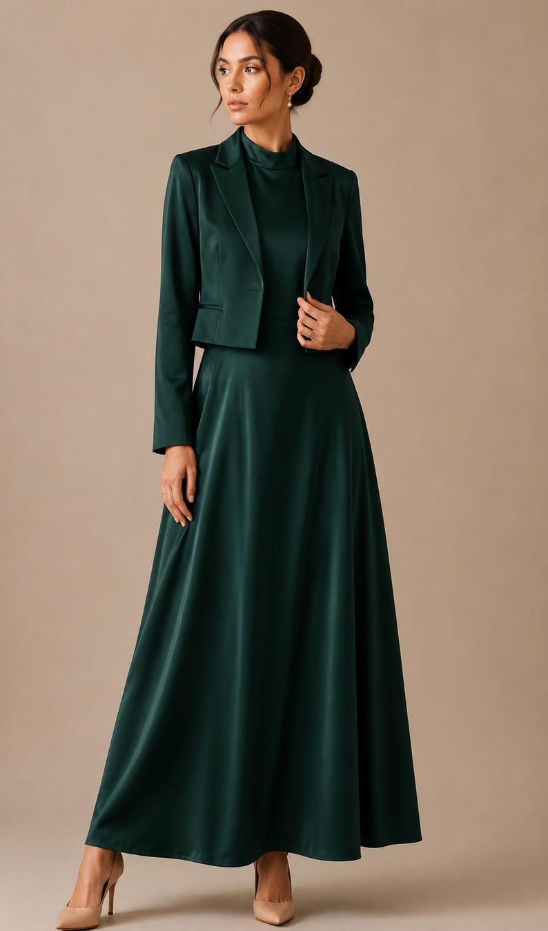 May include: A dark emerald green ensemble consisting of a floor-length, sleeveless maxi dress with a high neckline and a matching cropped blazer with long sleeves, a notched lapel, and a single button closure, paired with beige high-heeled pumps.