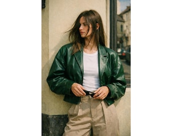 Chaqueta de cuero verde para mujer, estilo motero vintage oversize de los años 90