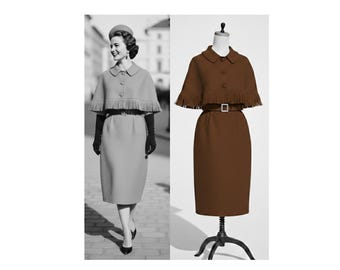 1950er Wollkleid mit Cape – Damen 2-teiliges Vintage Set, Cape mit Fransen, Ärmelloses Kleid mit Gürtel