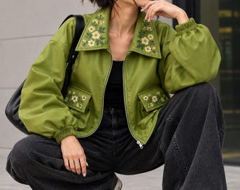 Damen-Lederjacke, olivgrüne Jacke mit Blumenmuster, Jacke mit botanischem Print, Vintage-Streetwear-Jacke, Oversize-Ledermantel
