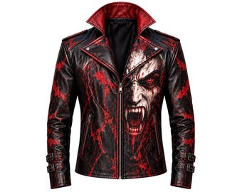 Gothic-Lederjacke, Bikerjacke mit rotem und schwarzem Vampir-Print, Mantel mit Horror-Motiv, Alternative Punk Rock Oberbekleidung