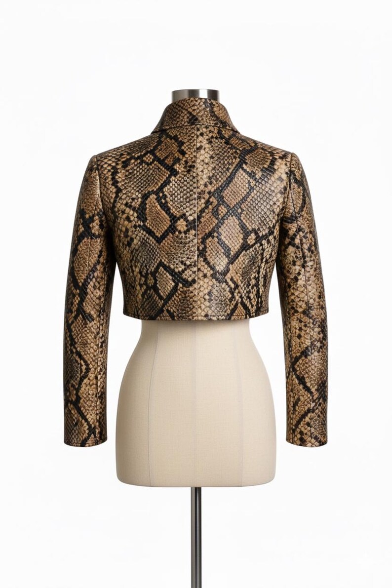 Puede incluir: Chaqueta corta con estampado de piel de serpiente en tonos marr&oacute;n y negro. La chaqueta, con mangas largas y cuello, se exhibe en un maniqu&iacute;. El dise&ntilde;o de la chaqueta imita la apariencia de las escamas de serpiente.