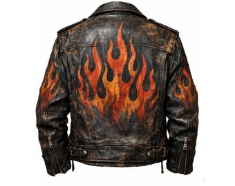 Handgefertigte Distressed Leder Flame Biker Jacke für Herren, Vintage Moto Punk Rock Bekleidung