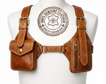 Echtleder Brustgurt - Braune Gebrauchs-Holsterweste, verstellbares Crossbody-Festival Streetwear-Pack