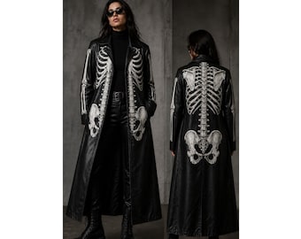Gabardina de cuero con esqueleto hecha a mano para mujer, abrigo largo de cuero negro gótico, chaqueta gótica de Halloween, abrigo de motociclista punk