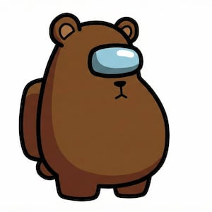 Könnte beinhalten: Ein brauner Cartoon-Bärencharakter im Stil des Spiels Among Us. Der Bär hat ein hellblaues Visier und einen kleinen, einfachen Mund. Die Figur ist braun mit einer dunkelbraunen Umrandung und vor einem weißen Hintergrund.