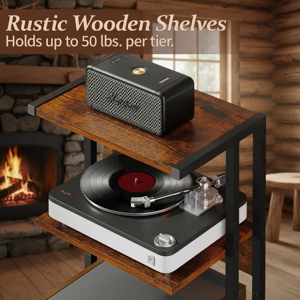 Small Wood Audio Rack Compact Audio Rack With Power Strip | 16.5