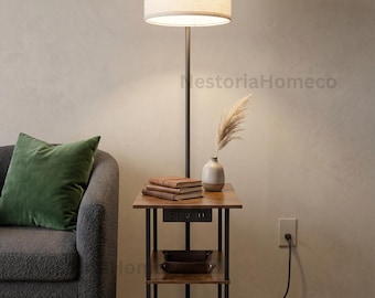 Modern Metal Floor Lamp with Table | End Tables with Charging Station | Standing Floor Lamp | Unique Floor Lamp