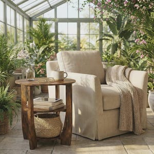 May include: A cozy indoor scene featuring a beige armchair with a knitted throw blanket. A small, round wooden side table holds a mug, glasses, and books. A woven basket sits on the lower shelf. The setting is a sunroom with lush greenery.
