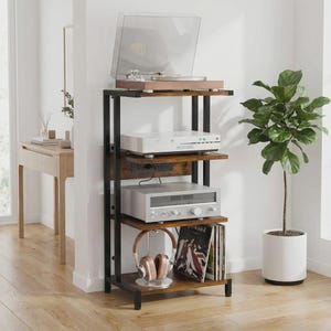 May include: A four-tiered audio equipment stand with a black metal frame and wooden shelves. The top shelf holds a turntable, followed by a CD player, an amplifier, and a shelf with headphones and vinyl records. A potted plant is to the right.