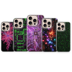May include: A collection of five phone cases with unique circuit board designs. The cases feature vibrant colors like pink, green, purple, and orange, with intricate patterns resembling electronic components. Each case has a clear border and a camera cutout.