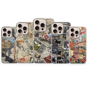 Puede incluir: Una colección de cinco fundas para teléfonos con varios diseños. Las fundas presentan collages con imágenes vintage, incluyendo mariposas, rosas, instrumentos musicales y anuncios retro. La paleta de colores incluye beige, azul y rojo.