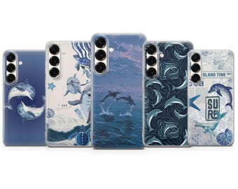 May include: Five phone cases with ocean-themed designs. The cases feature illustrations of dolphins, waves, and marine life in shades of blue and white. One case has the text "SU RE" and "ISLAND TIME AVE".