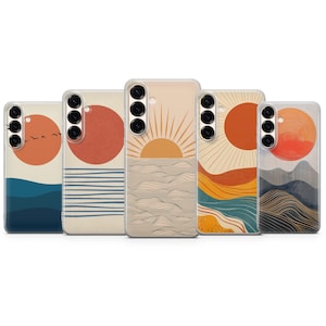 May include: Five phone cases with abstract sunset designs. The cases feature orange, blue, and beige colours. Each case has a different landscape design, including suns, waves, and mountains. The cases are designed for a Samsung phone.