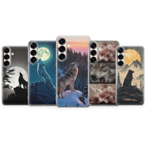 May include: A collection of phone cases featuring wolf designs. The cases display various scenes, including a wolf howling at the moon, a wolf standing on a snowy peak, and a close-up of a wolf's face. The color palette includes blues, oranges, and grays.